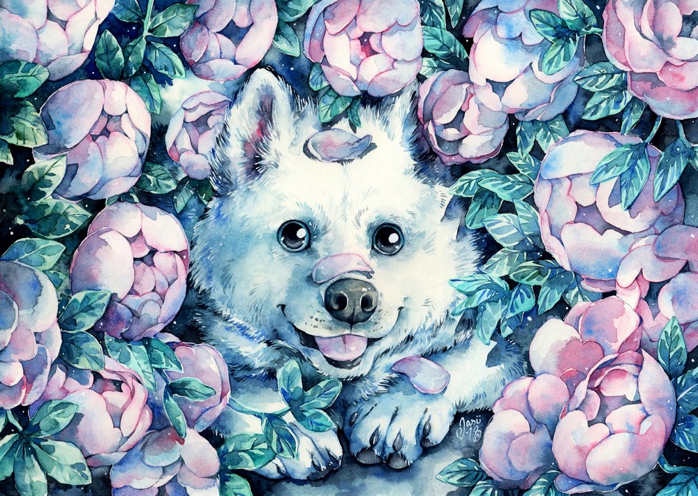 Print - Samoyed Surrounded by Flowers